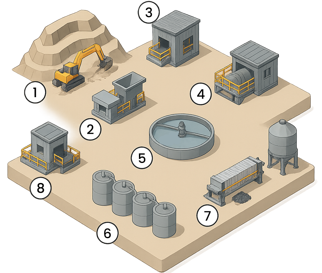 Isometric diagram of an 8-stage mining process, numbered 1 open-pit mining, 2 primary crusher, 3 screening station, 4 grinding mill, 5 thickener, 6 leaching and conditioning tanks, 7 filter press and 8 concentrate load-out
